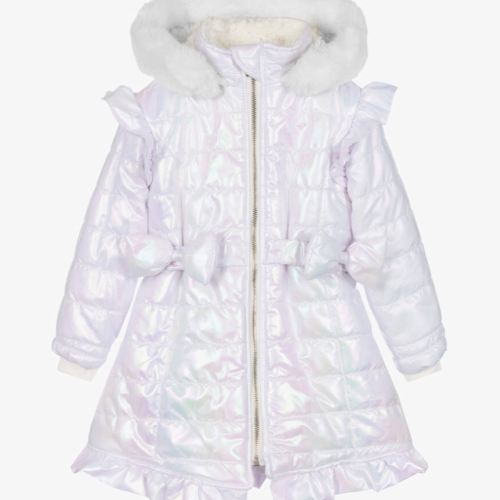 White Faux Fur Coat with Gold Accents